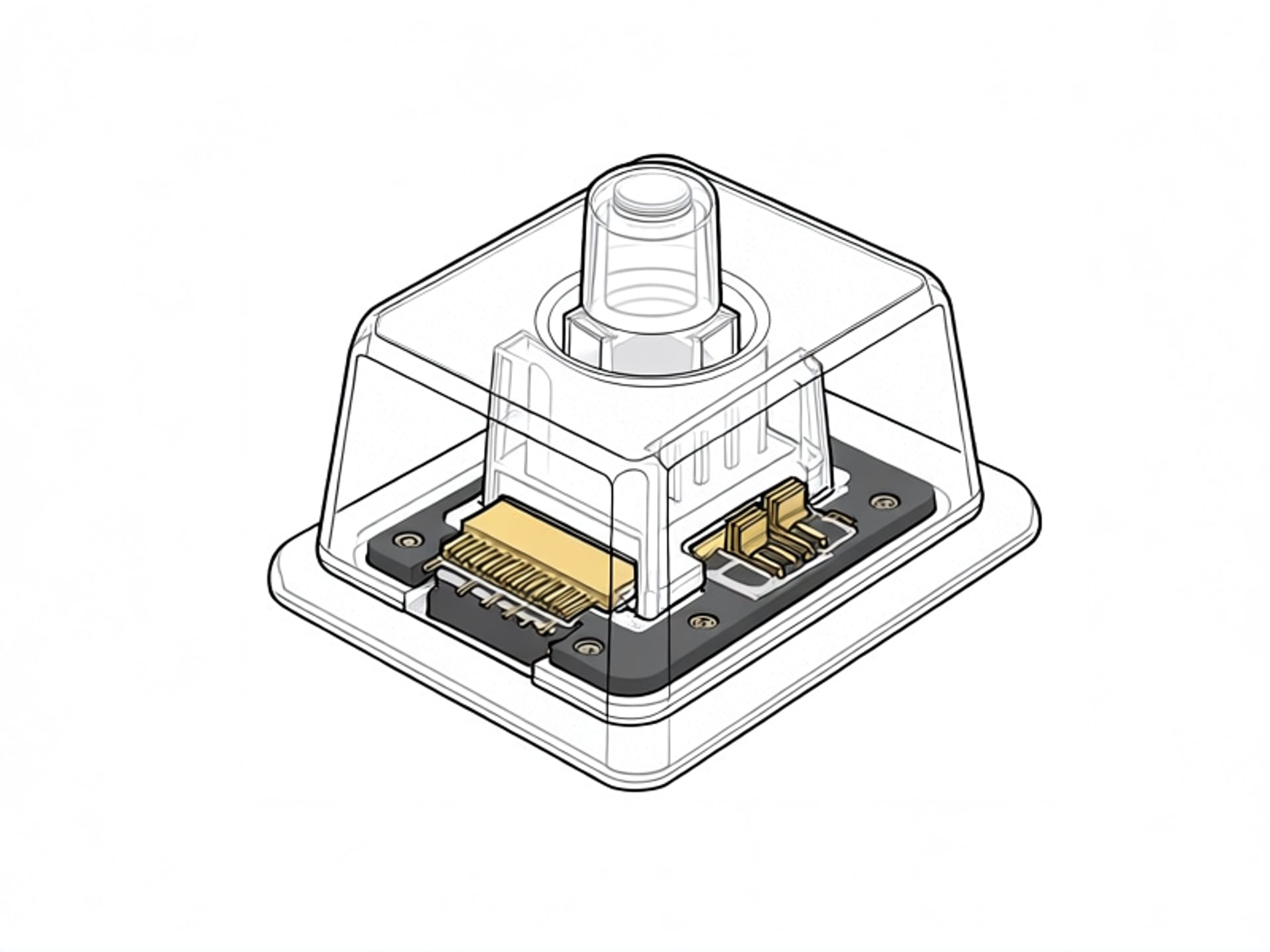 Cross-section diagram illustration of a transparent mechanical keyboard switch, showing the plastic stem and the internal metal contact leaves inside the housing, educational cut-away style, white background